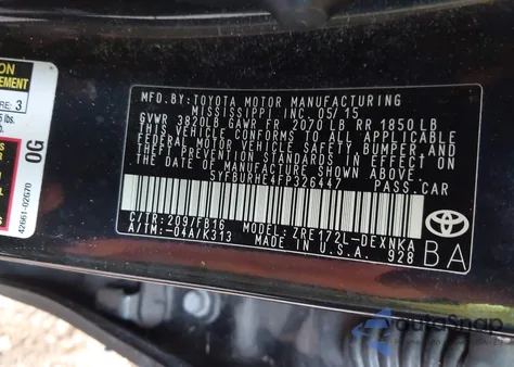 2015 Toyota Corolla Le из США, поврежденный, VIN 5YFBURHE4FP326447